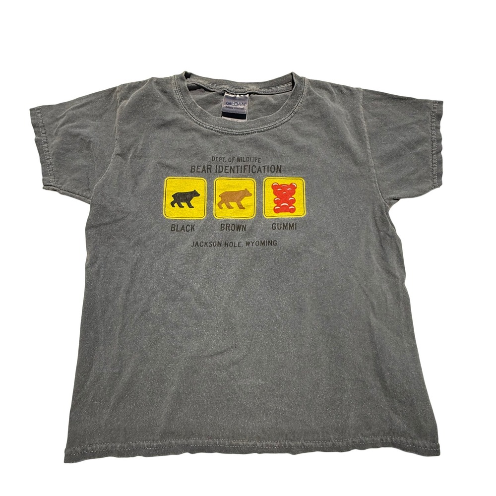 Gildan‎ Kids Jackson Hole Wyoming Bear Identification Graphic T-Shirt Gray XS